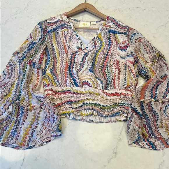 Anthropologie Maeve Jessa Peasant Blouse Smocked Bell‎ Sleeve Boho Flare Size XS - Picture 11 of 11